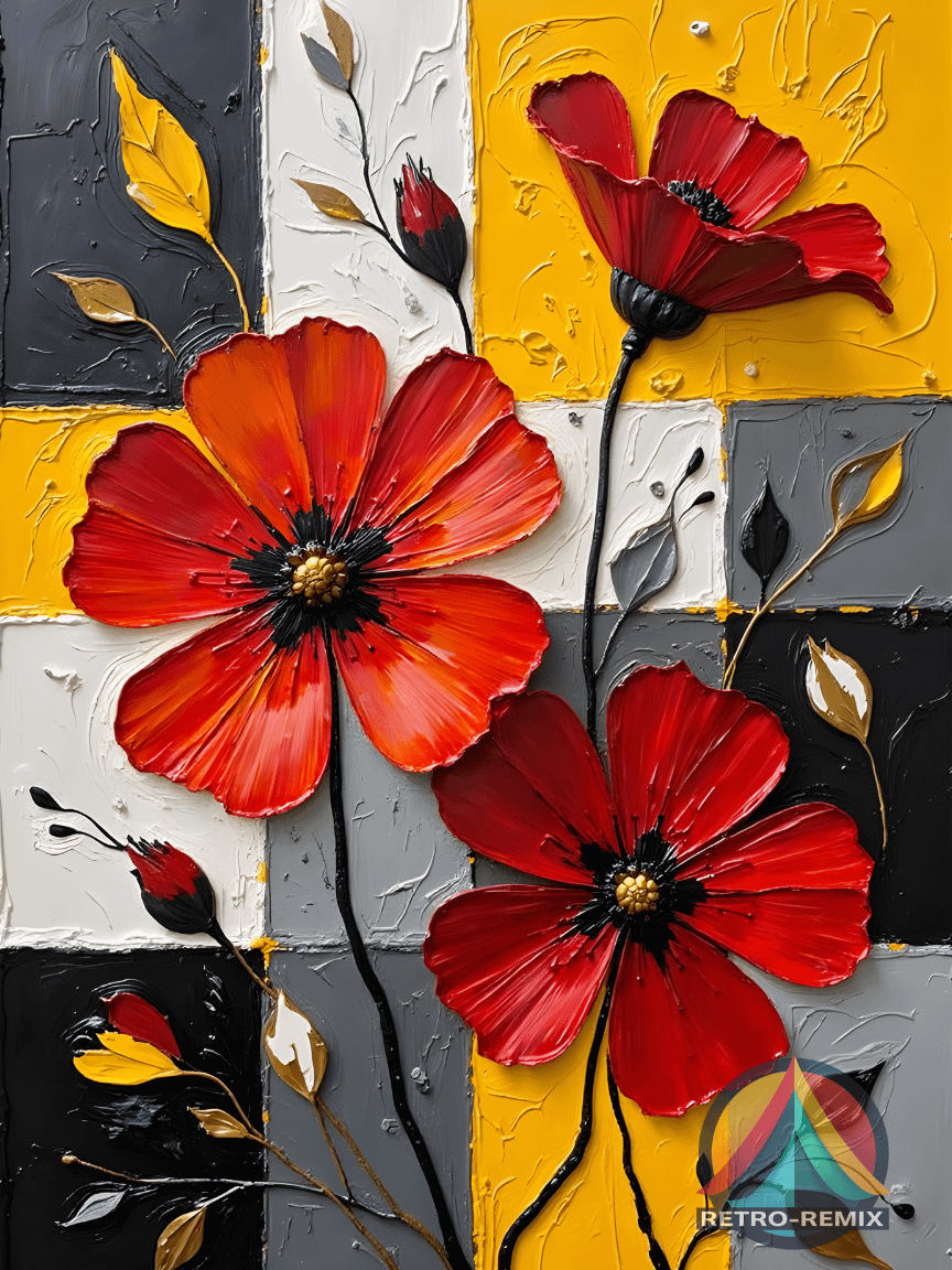 Bold Blooms & Retro Hues – Textured Floral Wall Art on Geometric Color Block Background product image (1)