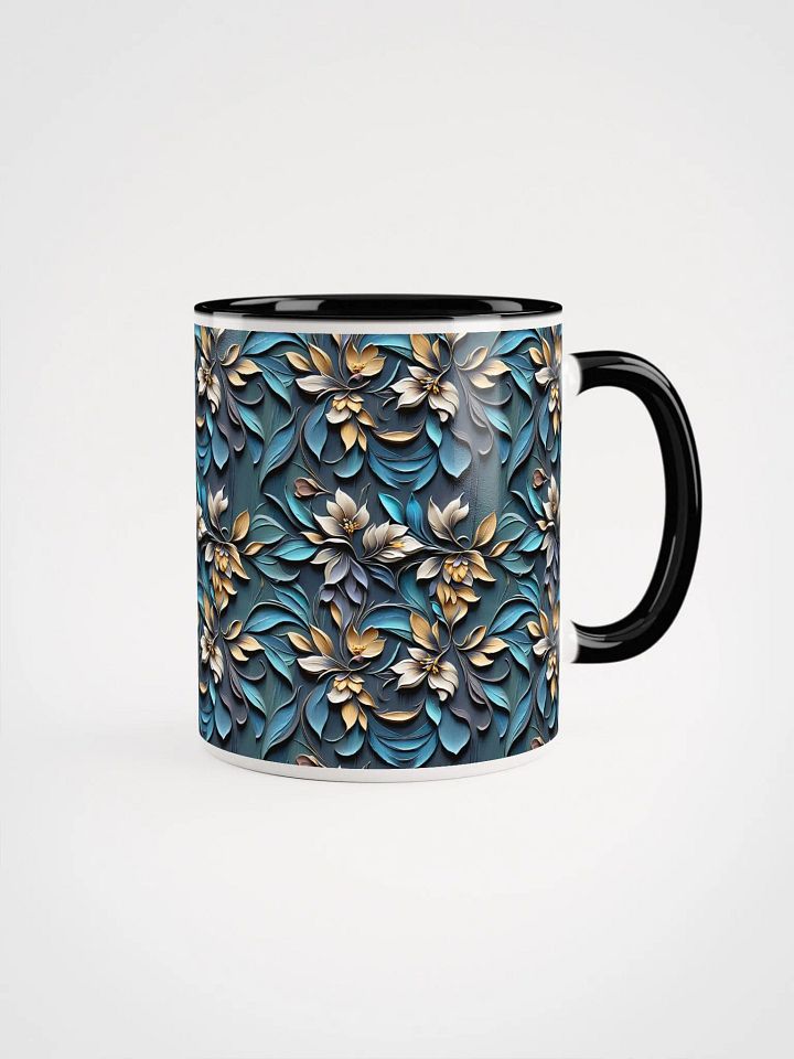 Coffee Mug with Color Inside - Sculpted Floral Pattern of Yellow-Brown Flowers on Blue Background product image (1)