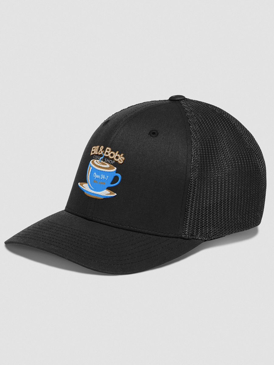 Bill & Bob's Coffee Shop Open 24/7 Trucker Hat, Aqua Teal Blue Color Accent product image (3)