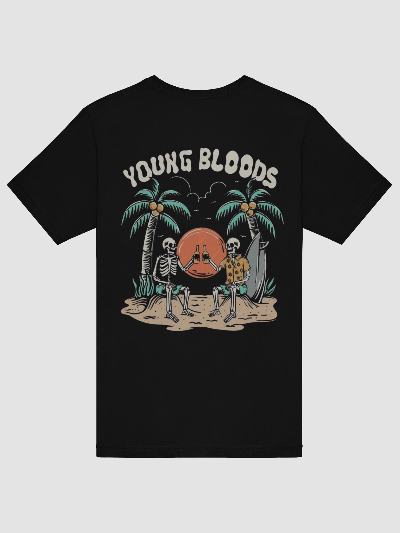 Skeleton Friends Relaxing on Beach with Sunset and Palm Trees T-Shirt product image (3)