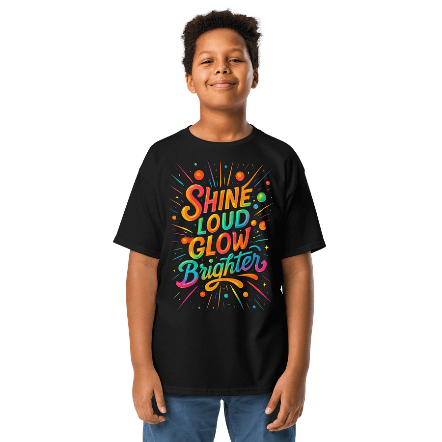 Shine Loud Glow Brighter – Kids’ Bright Typography Tee product image (1)