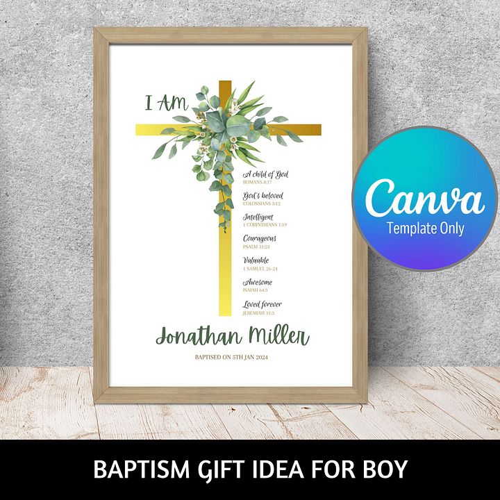 Green Leaves Eucalyptus On Crucifix Baptism Canva Template product image (1)