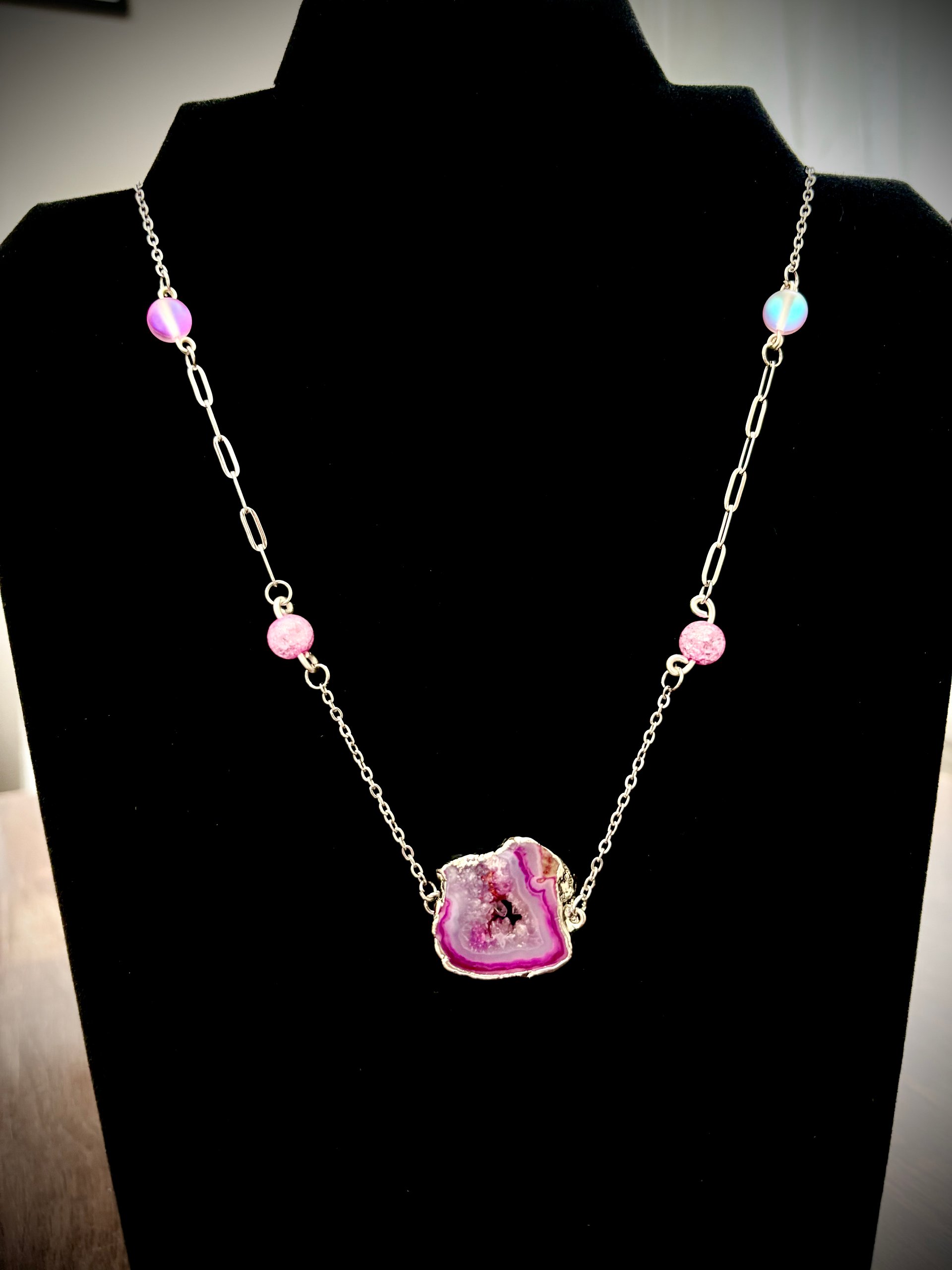 MFD-00252 | Pink Geode Druzy Pendant Necklace with Stainless Steel Link Chain and Paperclip Chain | October Birthstone Inspired | Handmade Jewelry by Monique Faella Designs™ product image (1)