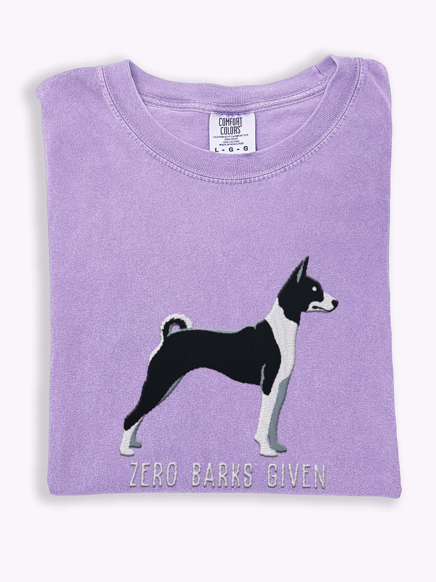Zero Barks Given T-Shirt(Embroidered) of a Basenji(Black & White) product image (1)