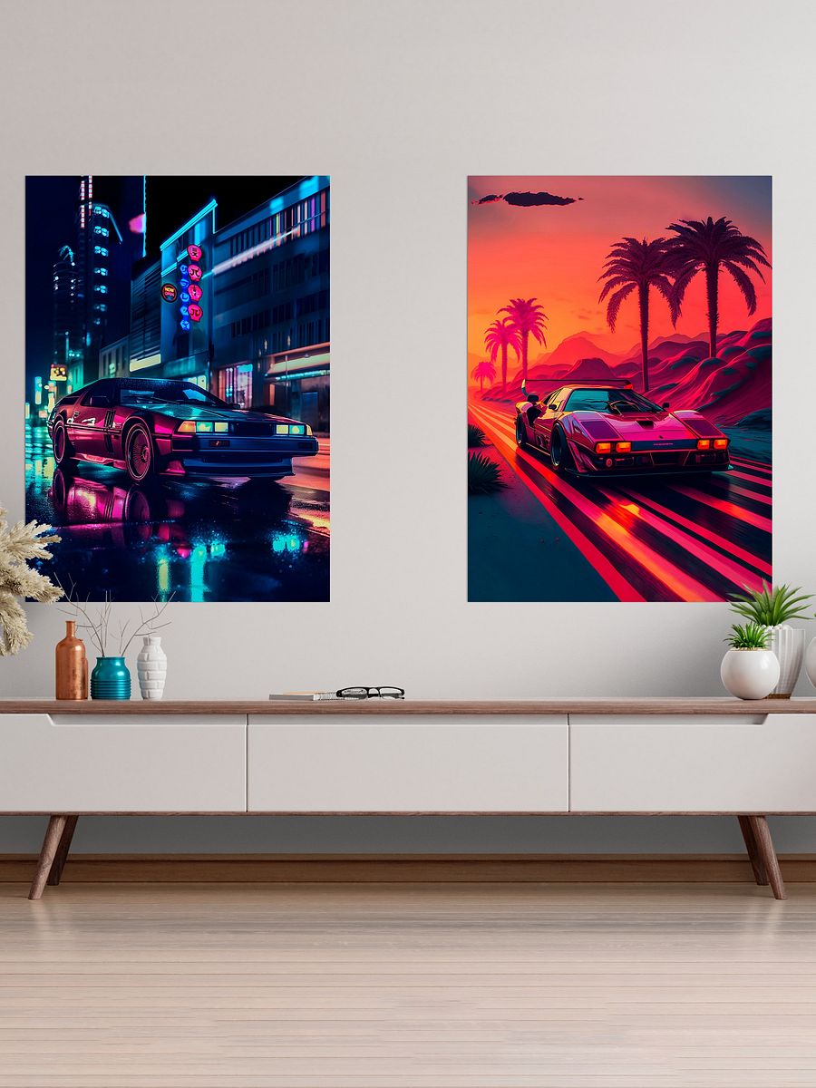 Ferrari, Retrowave car, synthwave landscape [synthwave/vaporwave/cyberpunk] — aesthetic art print product image (2)