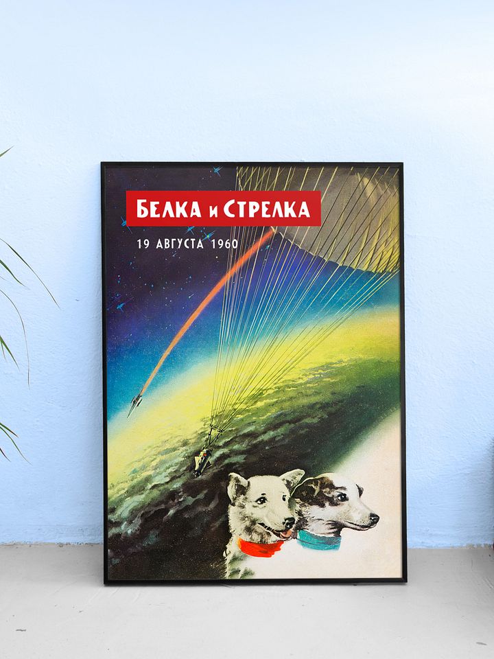 Belka and Strelka, USSR, 1960 (First Soviet space dogs) — Soviet vintage space art poster, soviet poster, propaganda poster, soviet retro space, space wall art product image (1)
