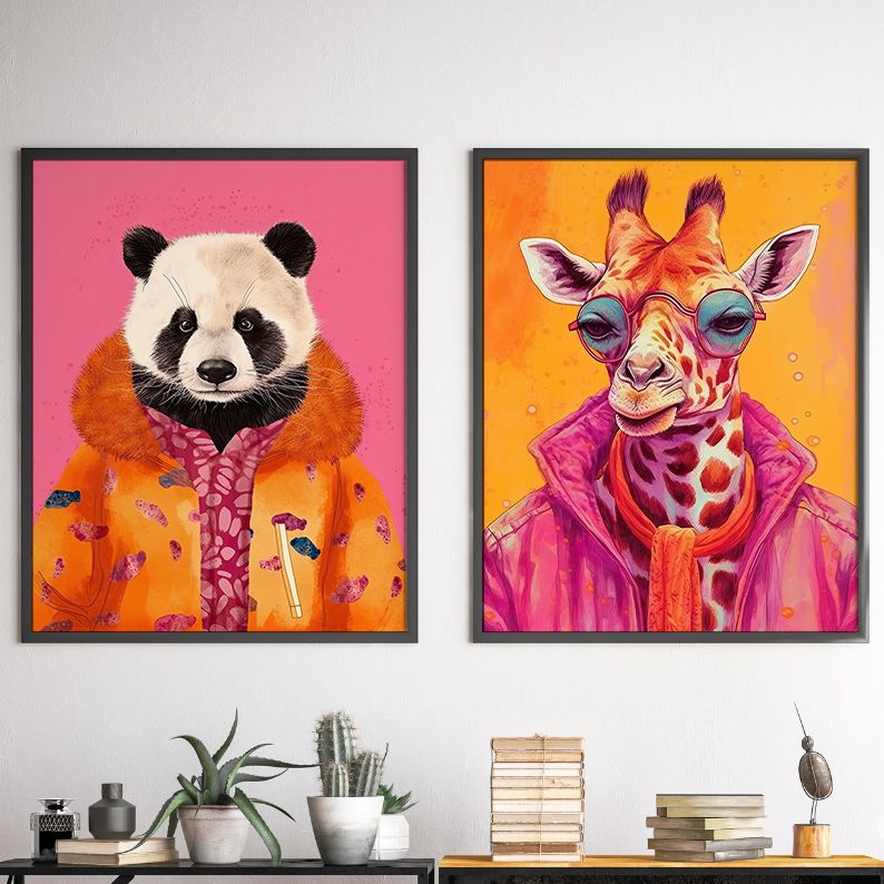 Colorful Animal Fashion Art DIGITAL Print Set of 6 ~Peacock, Panda, Giraffe, Toad, Flamingo~ product image (5)