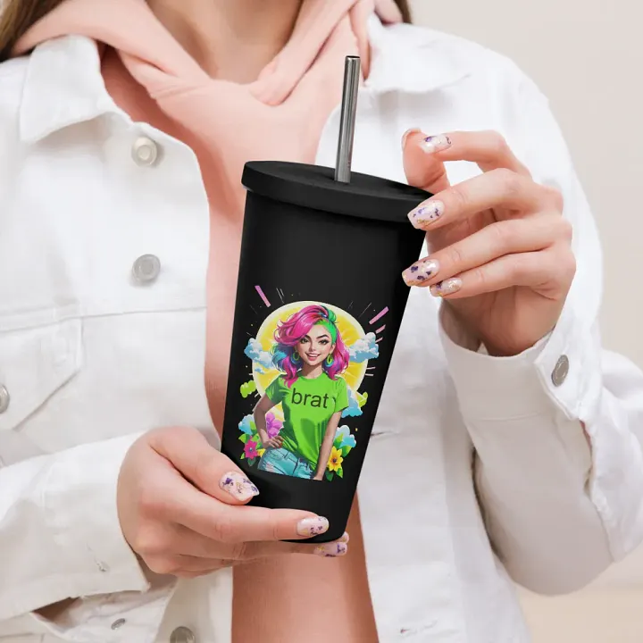 Brat 20 oz Tumbler Cup - Black - Insulated Tumbler with a Straw v5 product image (2)