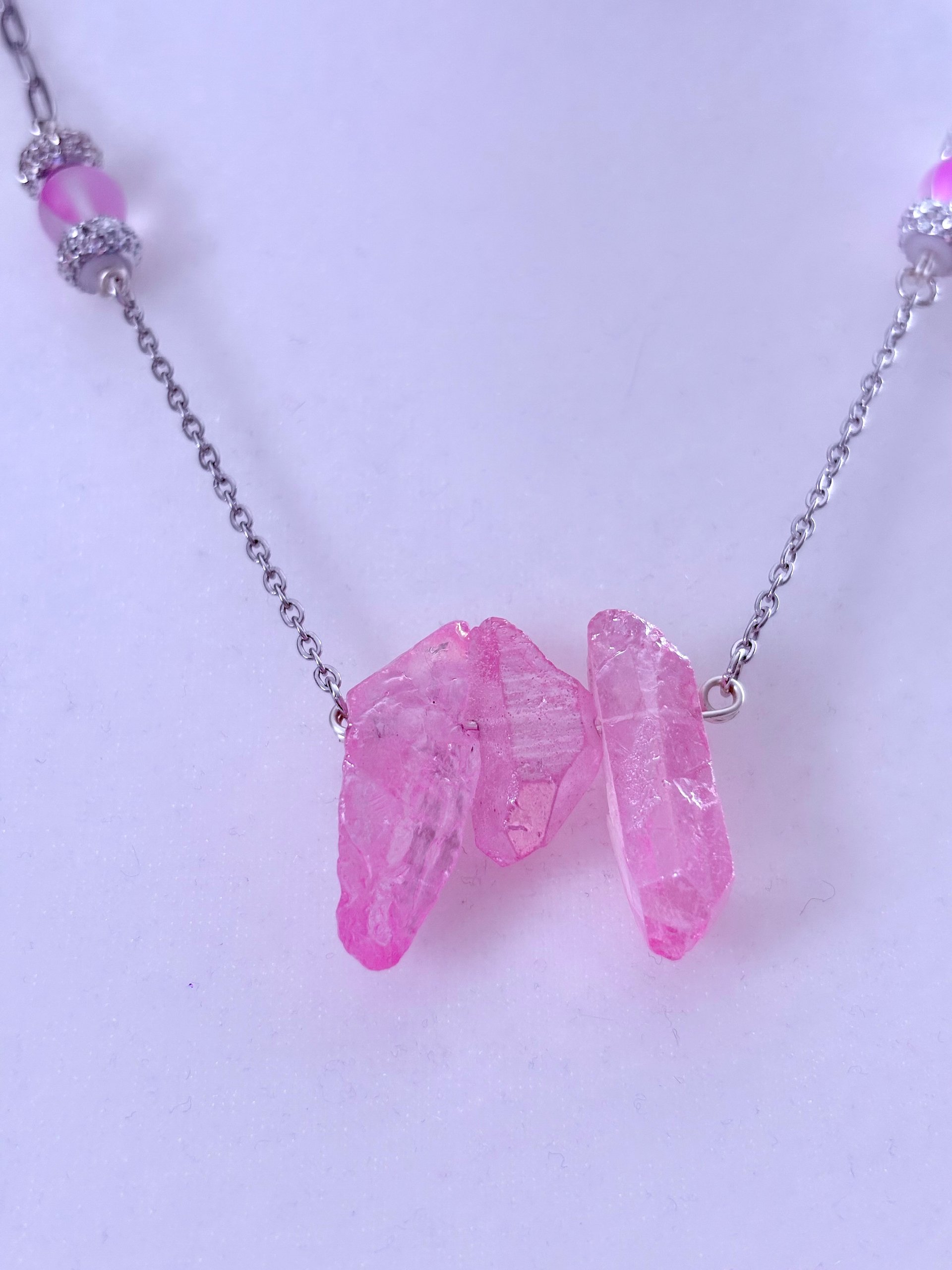 MFD-00269 | Pink Glass Crytal Pendant Necklace with Stainless Steel Link Chain and Paperclip Chain | October Birthstone Inspired | Handmade Jewelry by Monique Faella Designs™ product image (2)