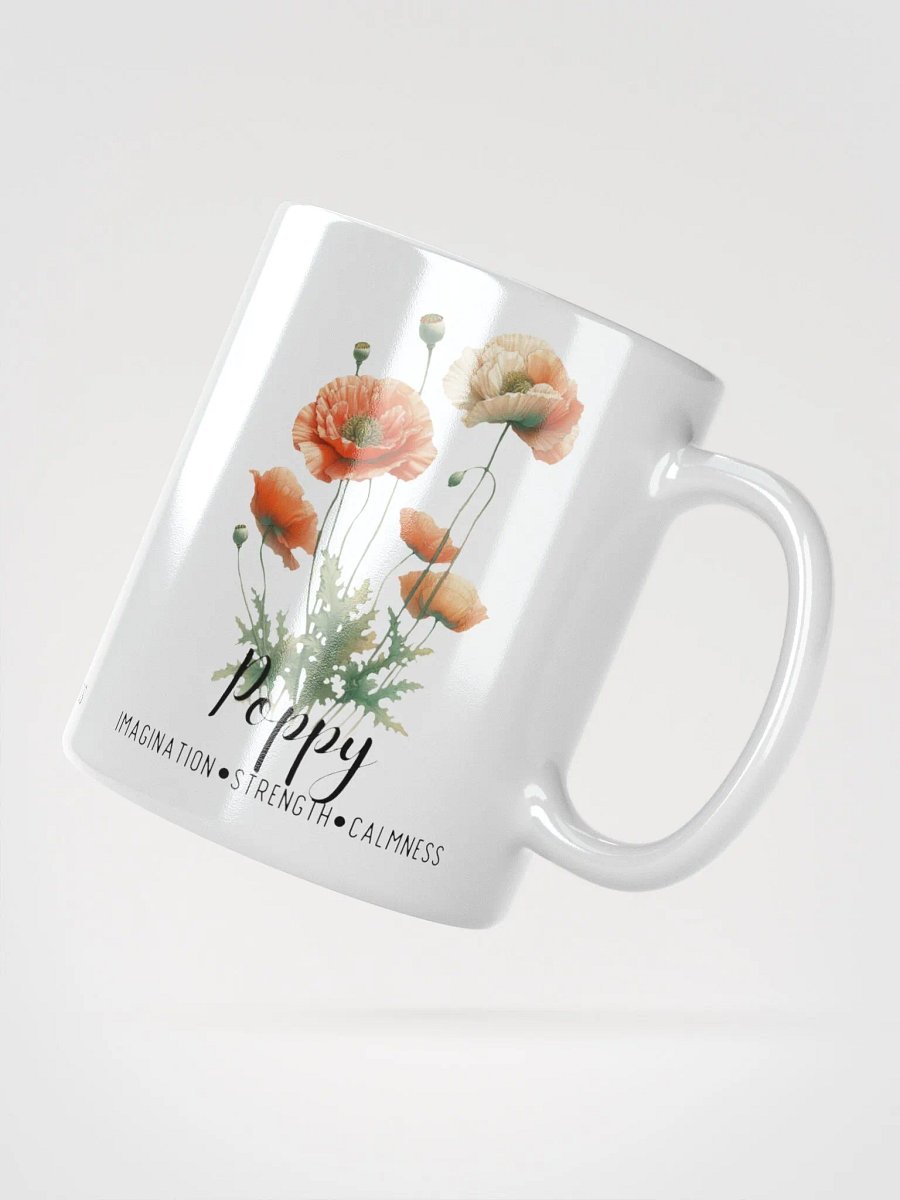 Poppy Ceramic White Mug: Imagination, Strength, Calmness August Birth Month Flower product image (4)