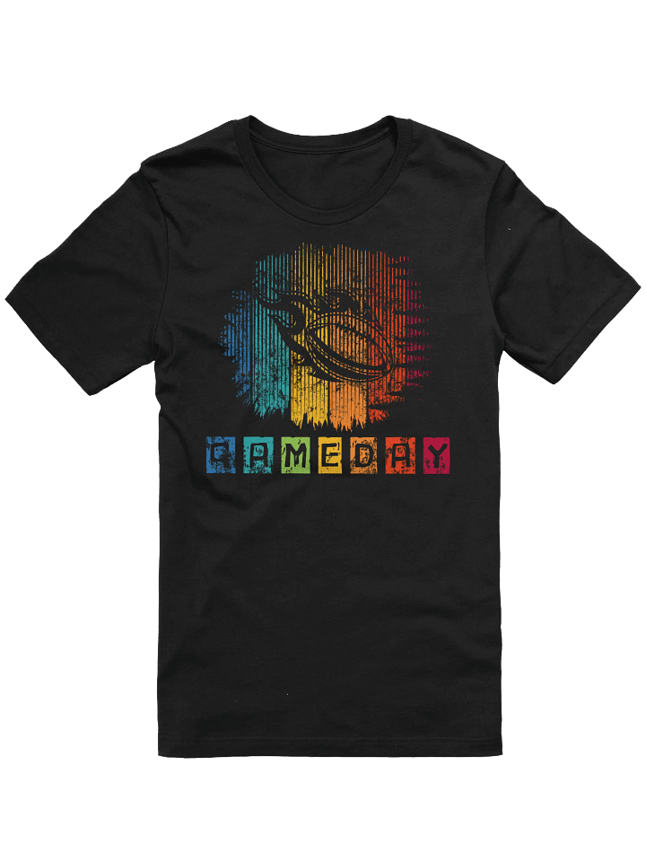 Retro Gameday Football T-Shirt – Flaming Ball & Distressed Rainbow Stripes for Sports Fans product image (3)