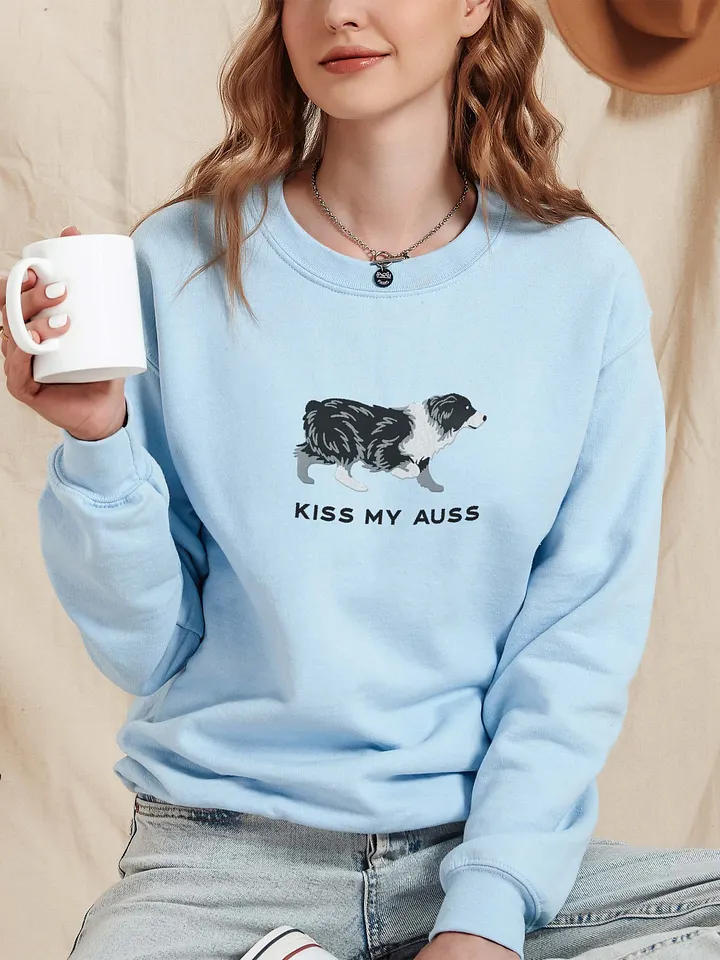 Kiss My Auss Sweatshirt (Embroidered) of an Australian Shepherd(Black & White) product image (2)