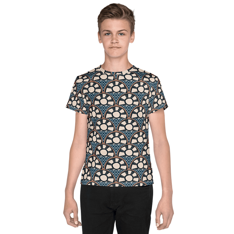 🌅 YOUTH | Boys’ | Art Deco Sunset & Waves Tee – All-Over Print | Coastal Explorer Edition 🧭 product image (3)