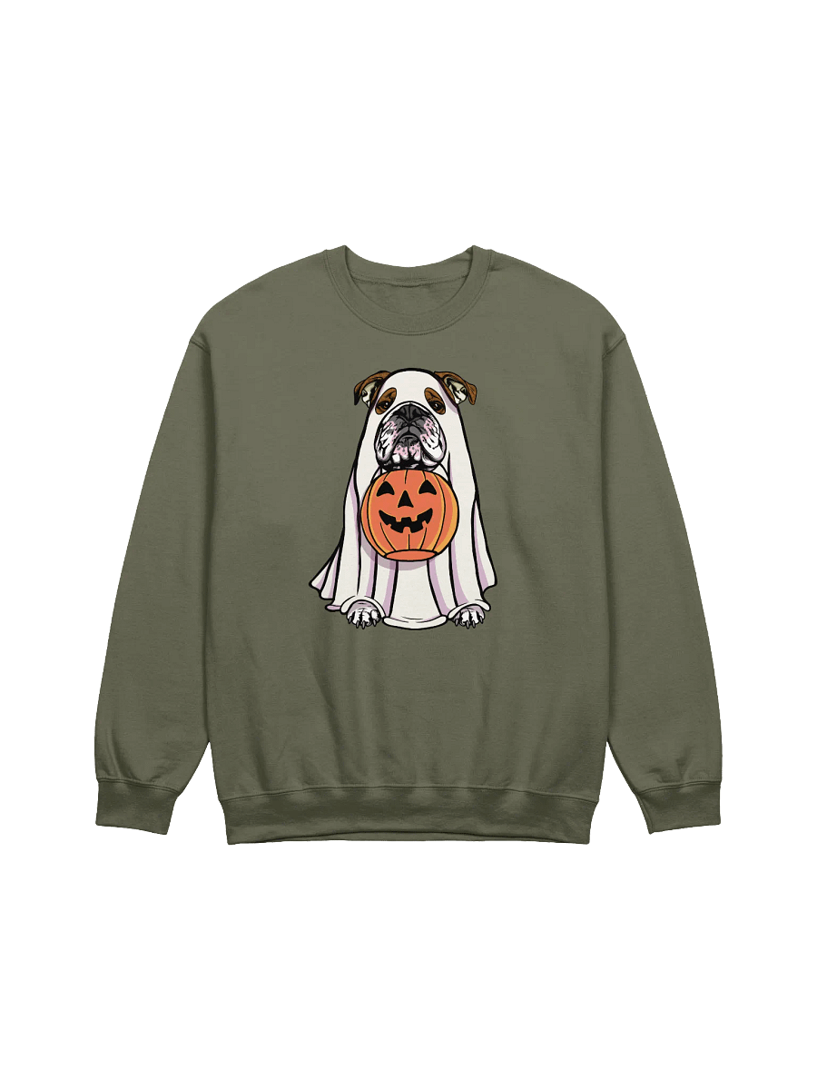 Funny Halloween English Bulldog(Brindle) Sweatshirt | Funny English Bulldog Wearing a Ghost Costume and Holding a Pumpkin Basket product image (17)