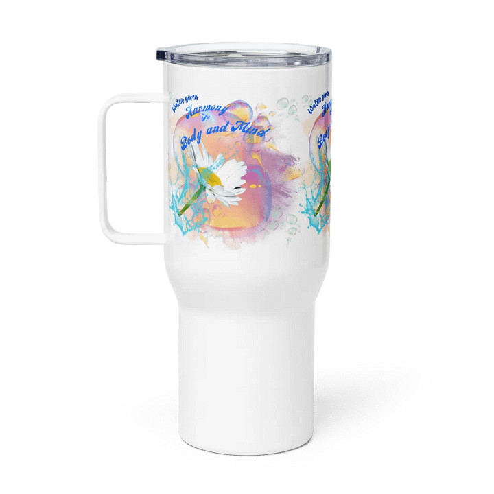Travel mug with handle with beautiful swirly blue water drops  featuring This water gives Harmony in Body and Mind'. product image (1)