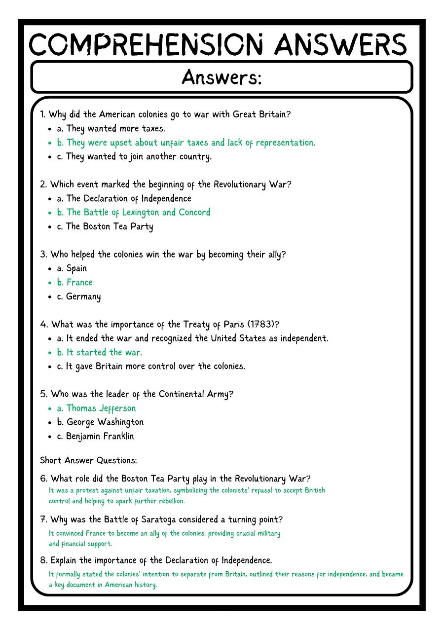 the American Revolutionary War READING COMPREHENSION WORKSHEET WITH 8 QUESTIONS PDF product image (4)