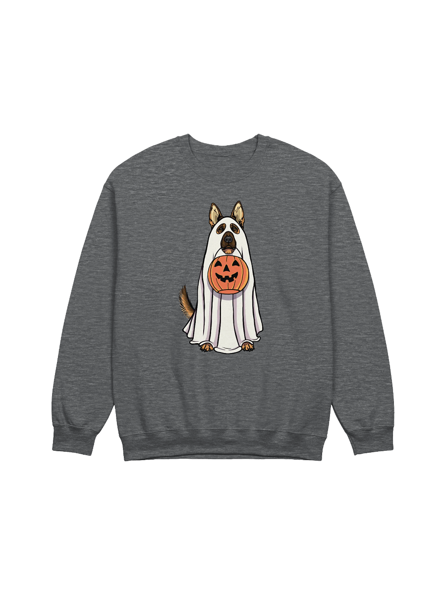 Funny Halloween German Shepherd Sweatshirt | Funny GSD Wearing a Ghost Costume and Holding a Pumpkin Basket product image (7)