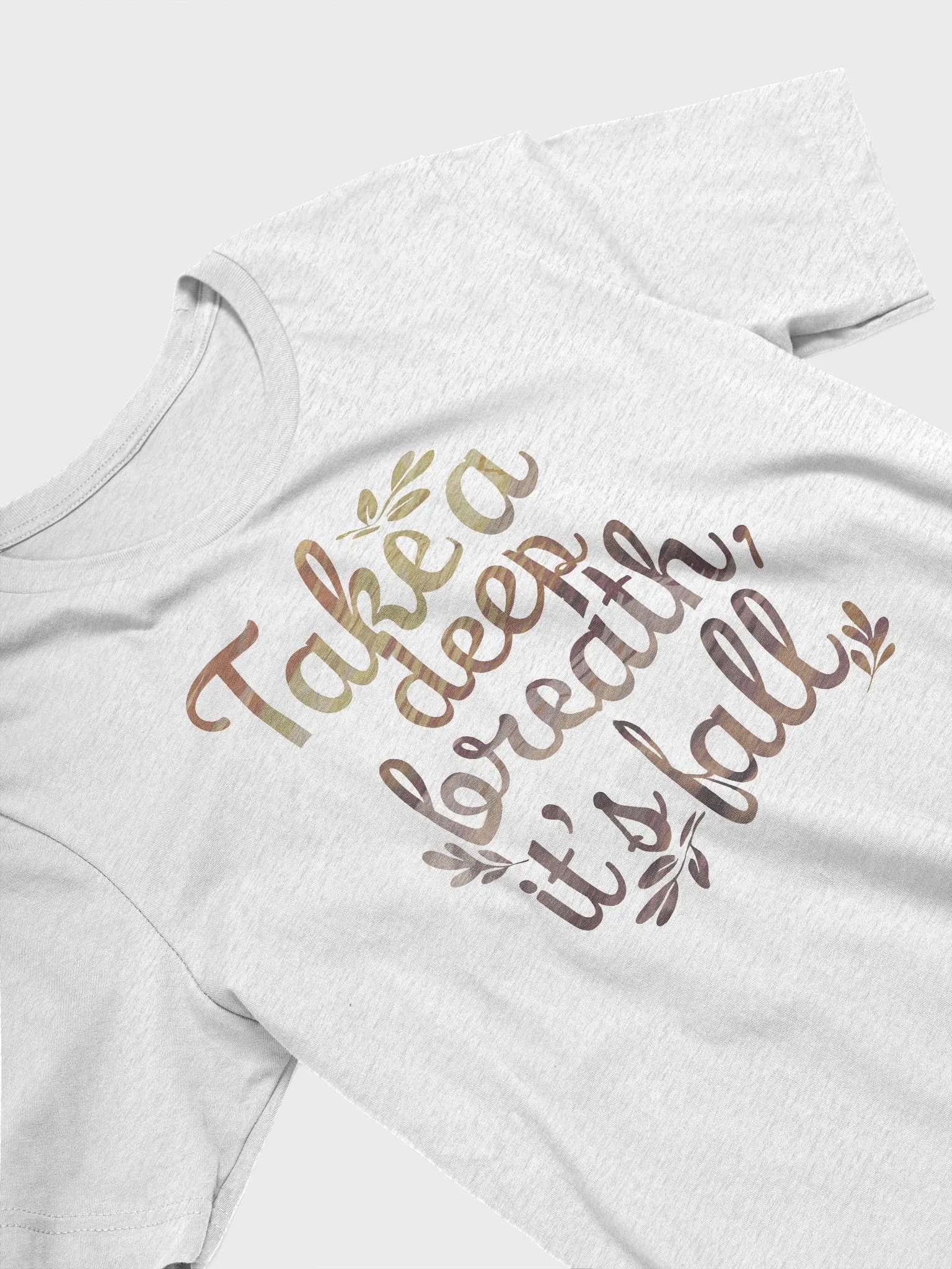 “Take a deep breath, it’s fall” t-shirt, autumn t-shirt, cozy fall vibes, uplifting message, seasonal message t-shirt, autumn-inspired clothing, gift idea product image (3)