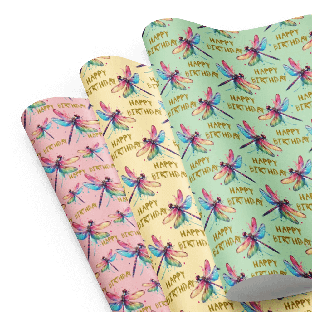 Happy Birthday Dragonflies Gift Wrapping Paper 3 Sheet Set #1 product image (1)