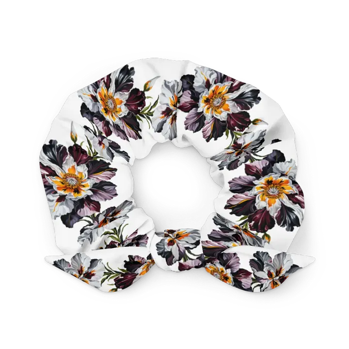 Hair Scrunchie - Painted Crimson, Black, and Yellow Flowers on White product image (2)