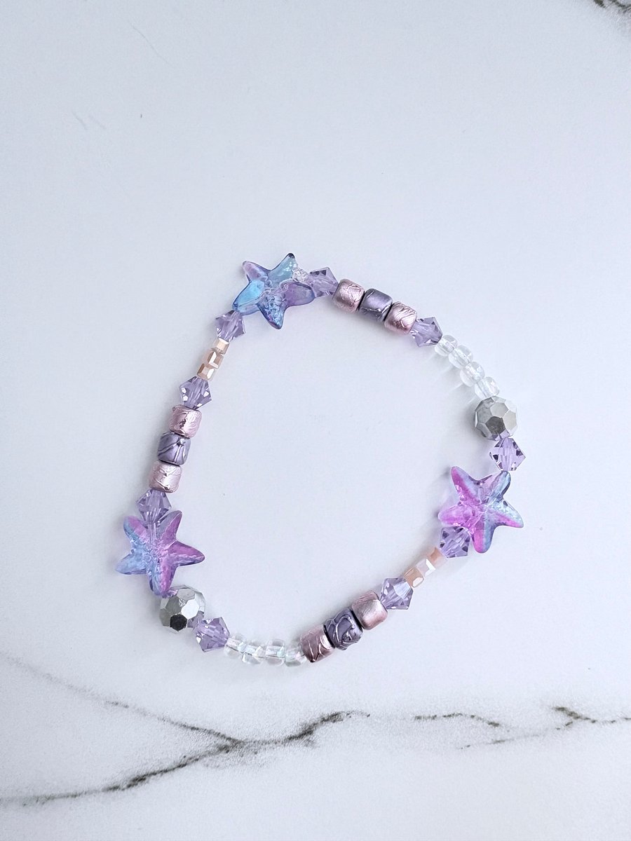 Lilac Tide | Lavender & Starfish Beaded Bracelet | Handmade 7.5" Stretch Bracelet | Coastal Charm Jewelry by Monique Faella Designs™ | MFD-00055 product image (2)