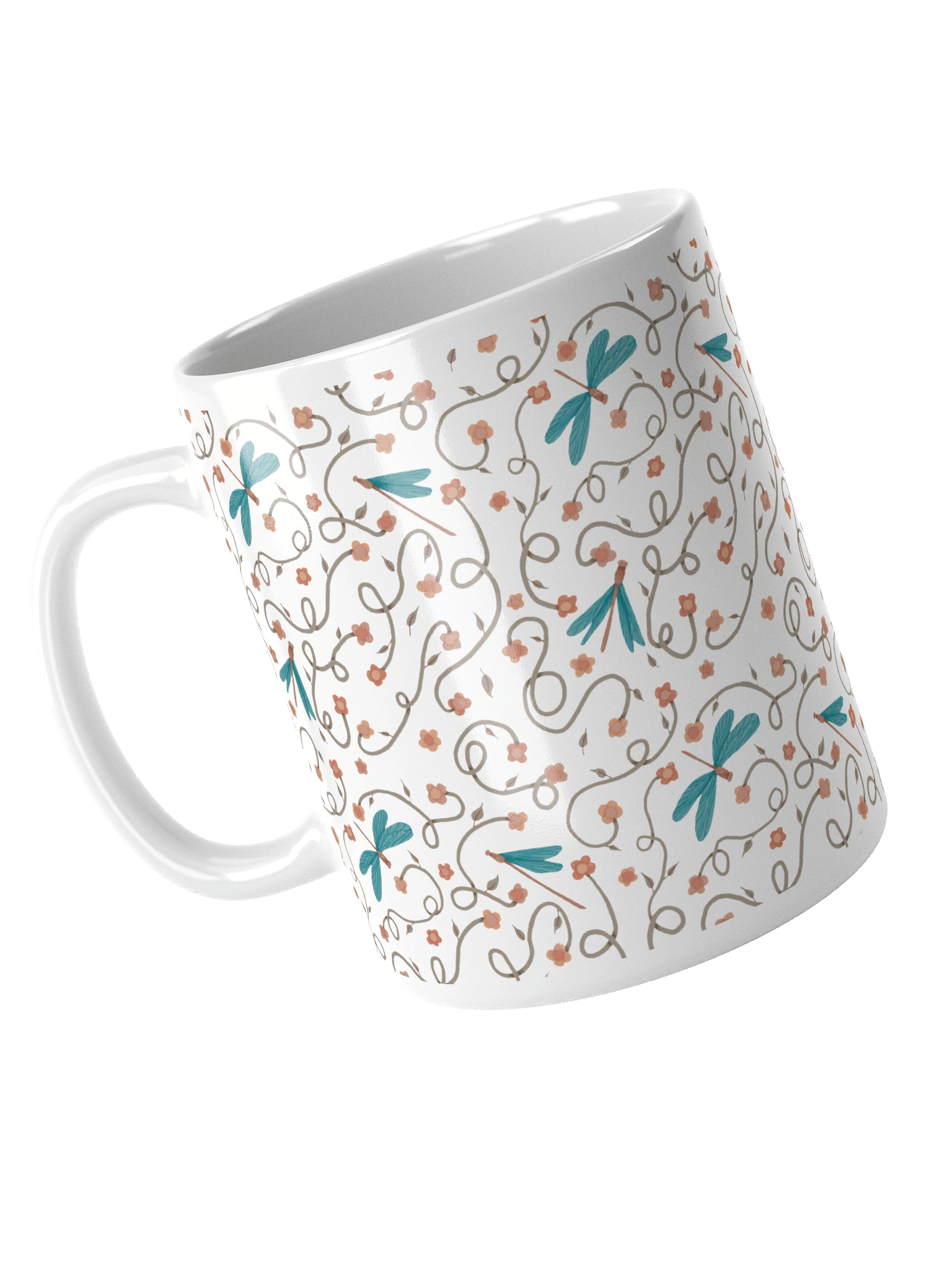 White glossy mug with dragonfly and floral pattern. Artistic nature inspired design product image (4)