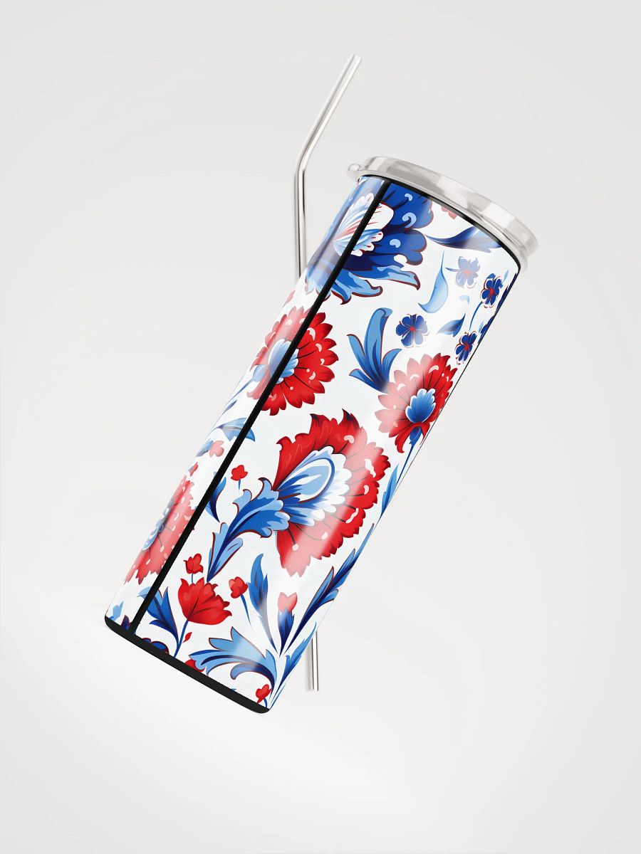 Colorful Pattern, Red, White, and Blue Flowers Skinny Tumbler with Straw, 20oz product image (8)