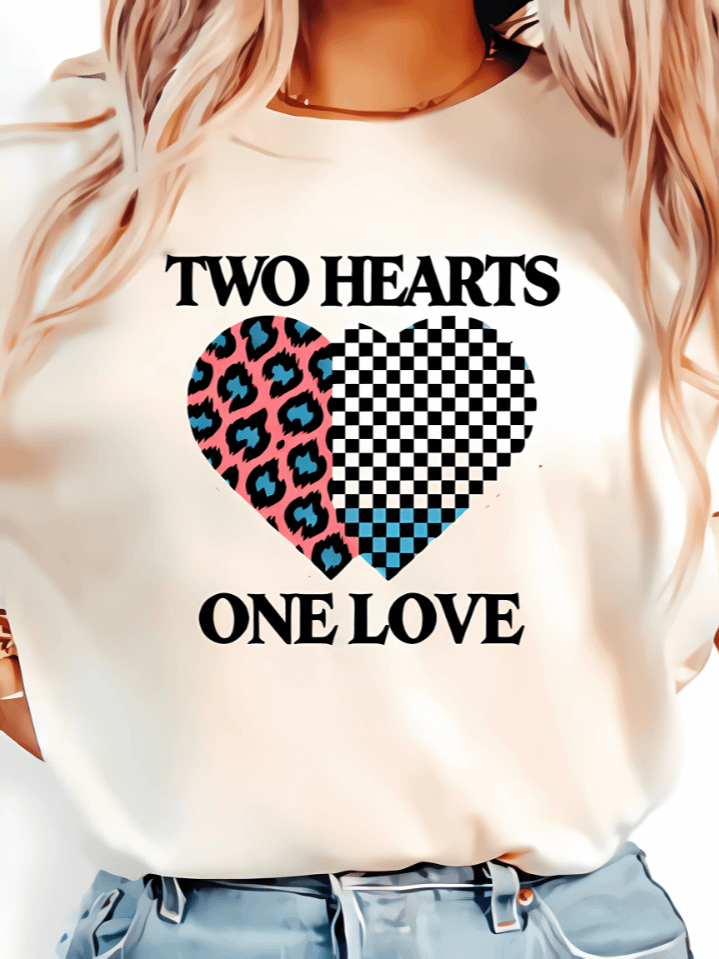 Two Hearts One Love Valentine’s Day T-Shirt Sublimation Design – Buffalo Plaid Heart Art for Women – Ideal Valentine’s Gift – 300 DPI PNG Instant Download product image (1)