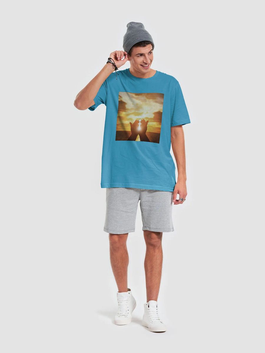 Cupped hands holding a glowing cross silhouette t-shirt product image (8)