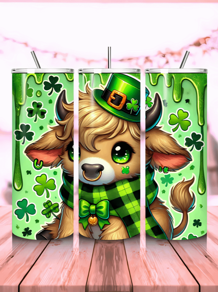 3D Highland Cow St. Patrick’s Day 20 oz Skinny Tumbler Wrap – adorable sublimation PNG design, 300 DPI, instant digital download product image (1)