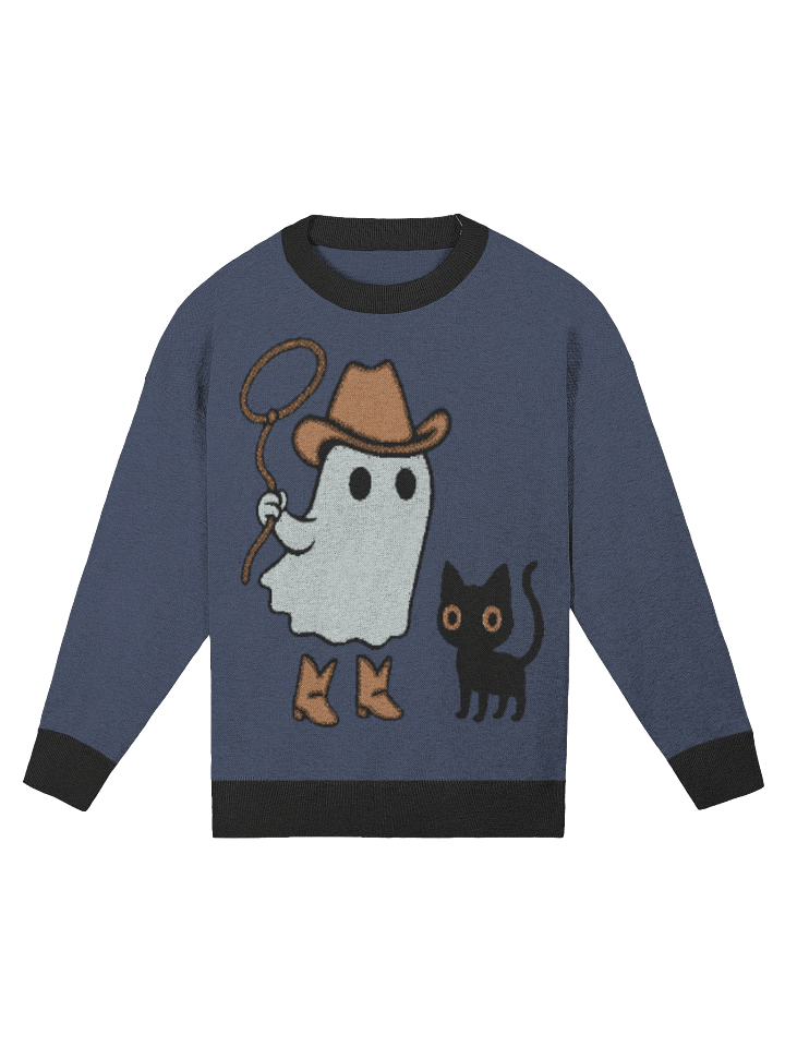 Cowboy Ghost Halloween Sweater – Jacquard Knit Relaxed Fit Crewneck Pullover with Black Cat and Boots product image (3)