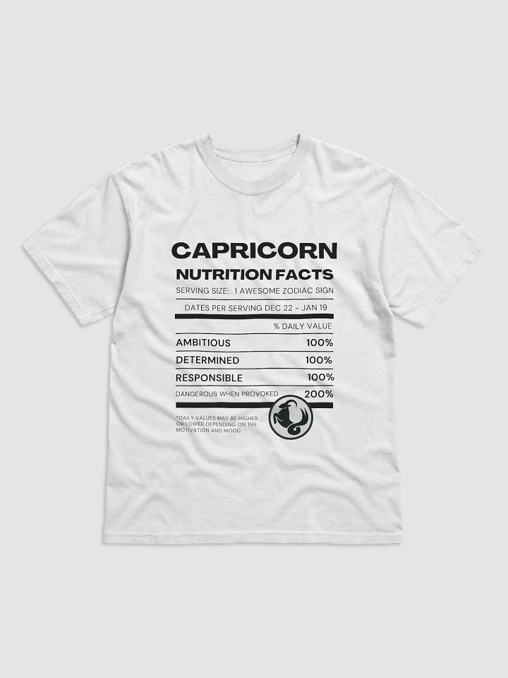 Capricorn Nutrition Facts T-Shirt (Black Writing) product image (13)