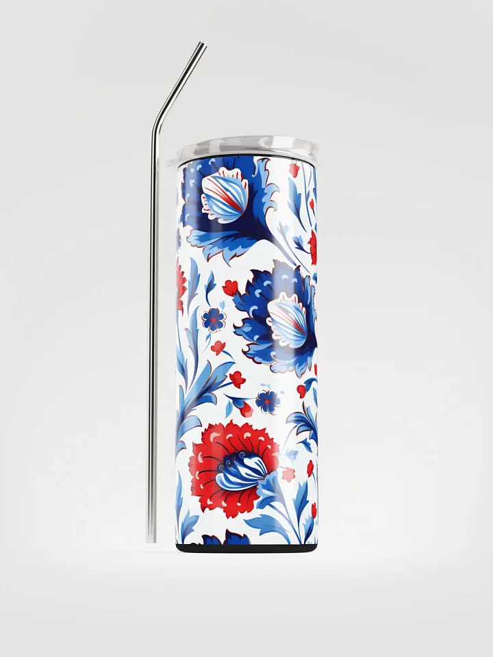 Colorful Pattern, Red, White, and Blue Flowers Skinny Tumbler with Straw, 20oz product image (2)