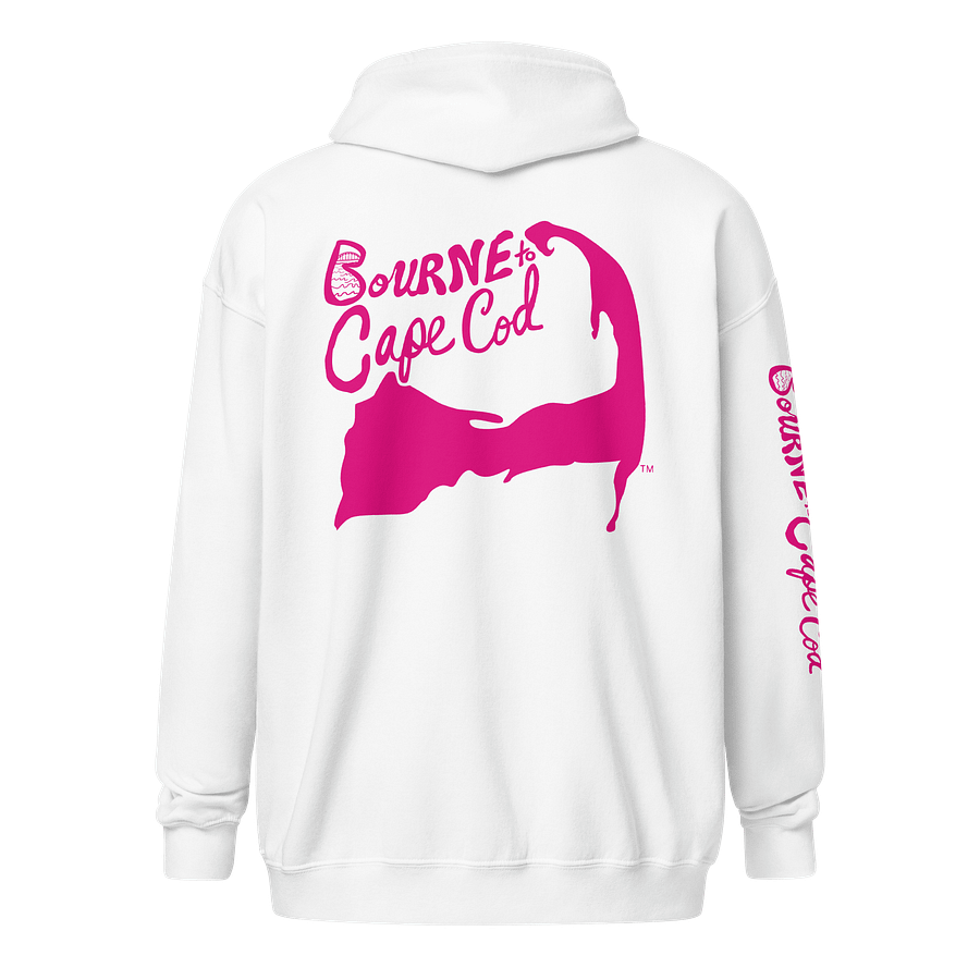 BOURNE to Cape Cod™ | DTG Vintage Print | Zip Hoodie | BRN.2C.C.™ | Coastal Classic Layer | Unisex Heavy Blend Full-Zip Sweatshirt | Pink Logos product image (2)