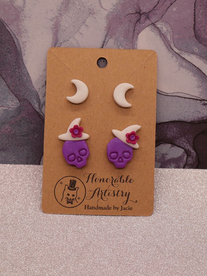 Purple and White Witchy Skull Stud Earrings - Polymer Clay product image (6)