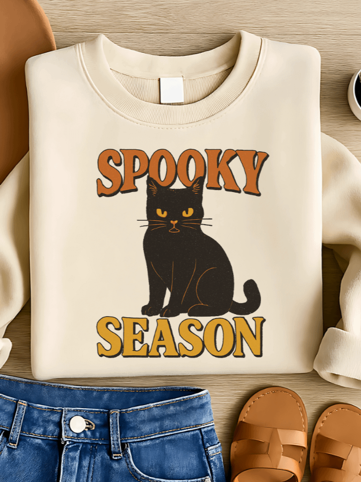 Spooky Season Cat Sublimation PNG – Retro Black Cat Clipart for T-Shirts – Vintage Halloween & Autumn Theme – 300 DPI Instant Digital Download product image (1)