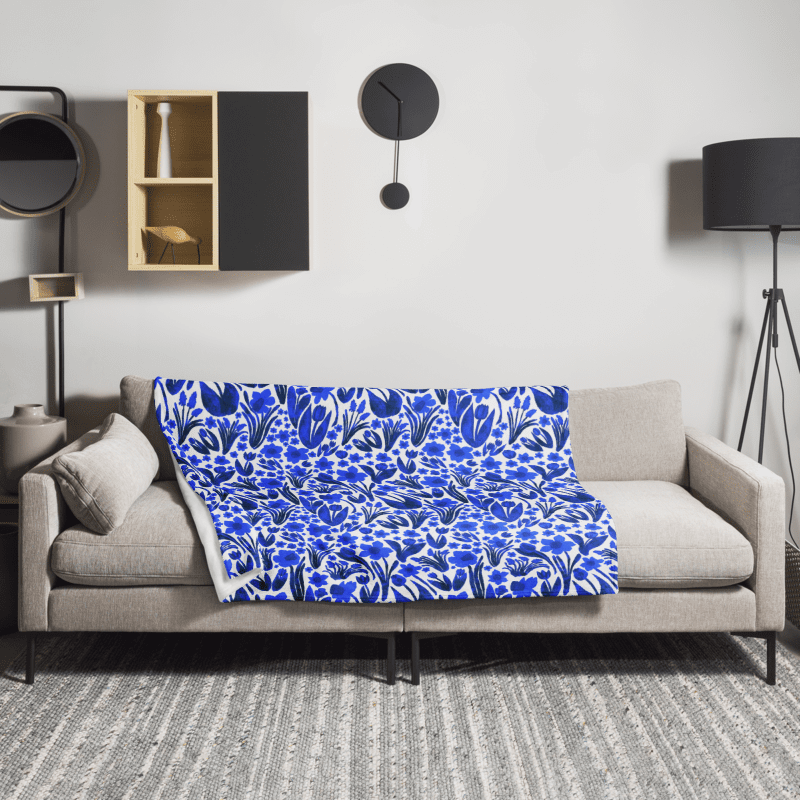 Spring Garden in Royal Blue on White – Elegant Floral Throw Blanket product image (4)