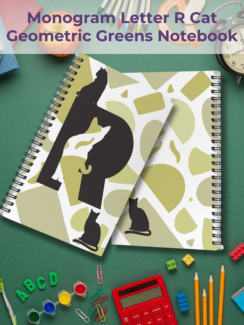 Monogram Letter R Cat Lover Geometric Greens Notebook