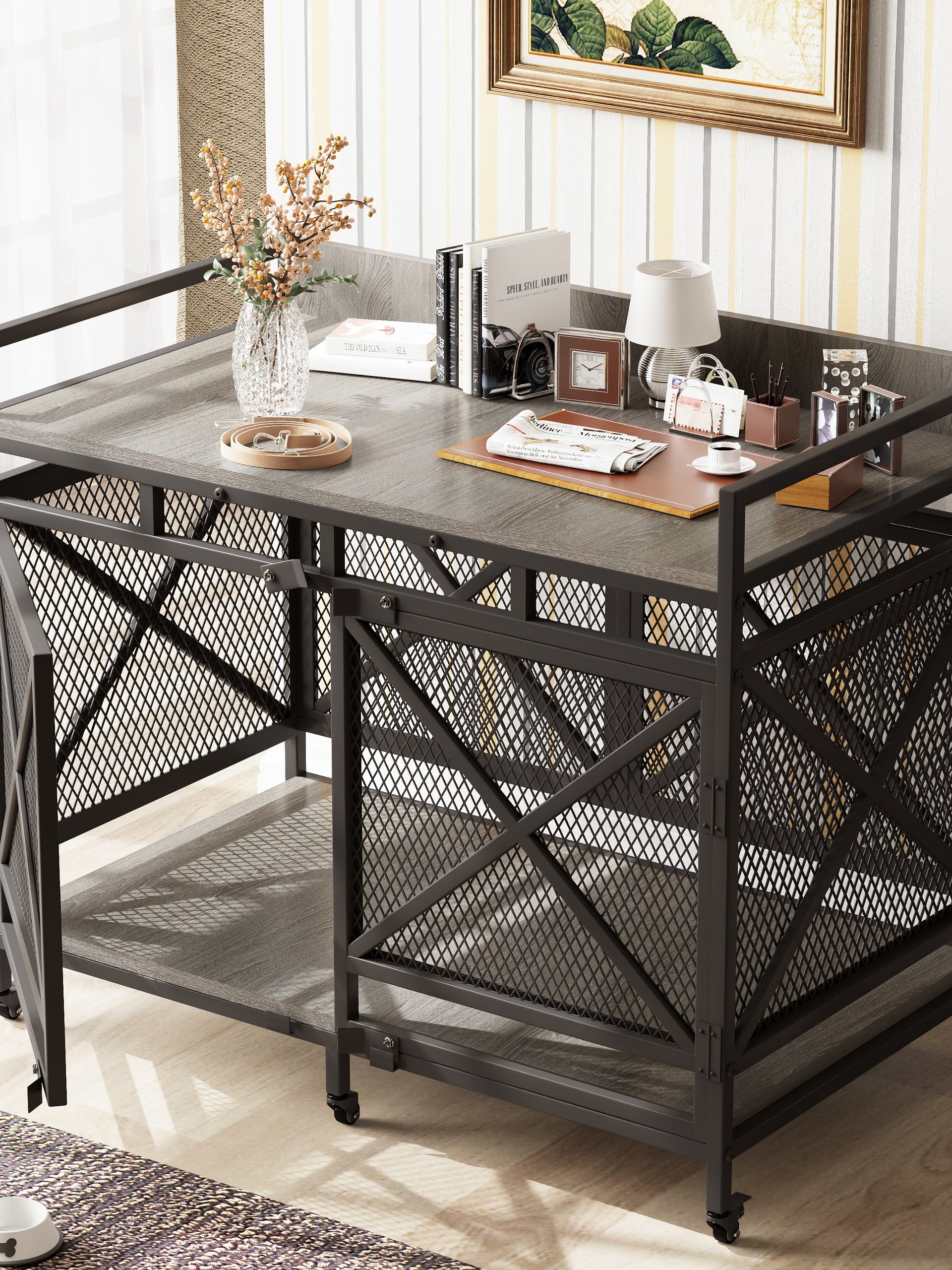 48 inch Dog Crate Furniture for Large Breeds (Up to 90 lb), Wooden & Steel, 360° Casters, Waterproof Top, Steel Lock,Textured Gray product image (11)