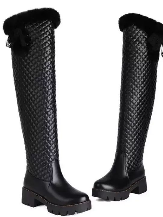 New Women's Round Toe Shoes Block Heels Zipper Faux fur Warm Over the Knee Boot product image (2)