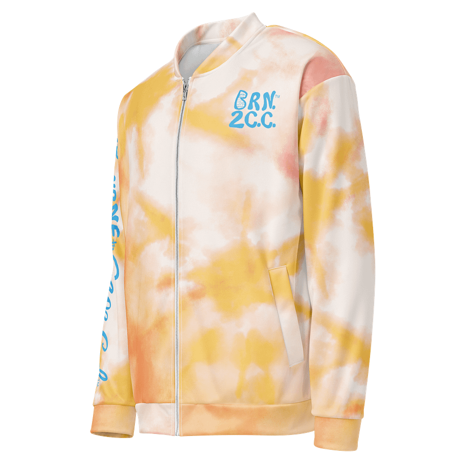 All-Over Print Bomber Jacket | Coastal Cool, City Bold | BOURNE to Cape Cod™ + BRN.2C.C.™ Style | Deep Sky Blue Logos on Orange Tie-Dye product image (3)