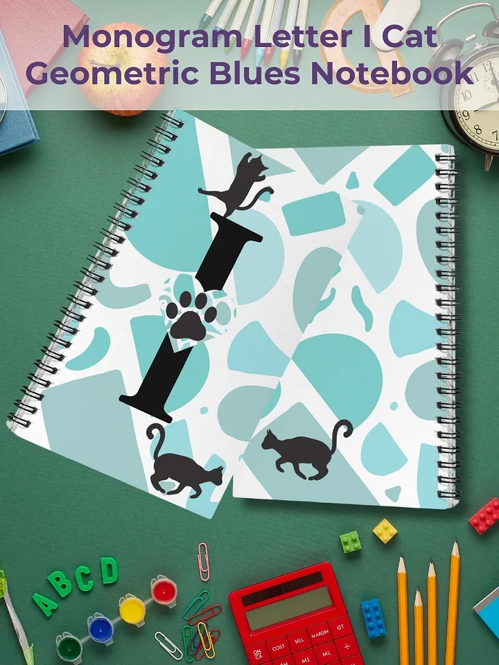 Monogram Letter I Cat Lover Geometric Blues Notebook product image (1)
