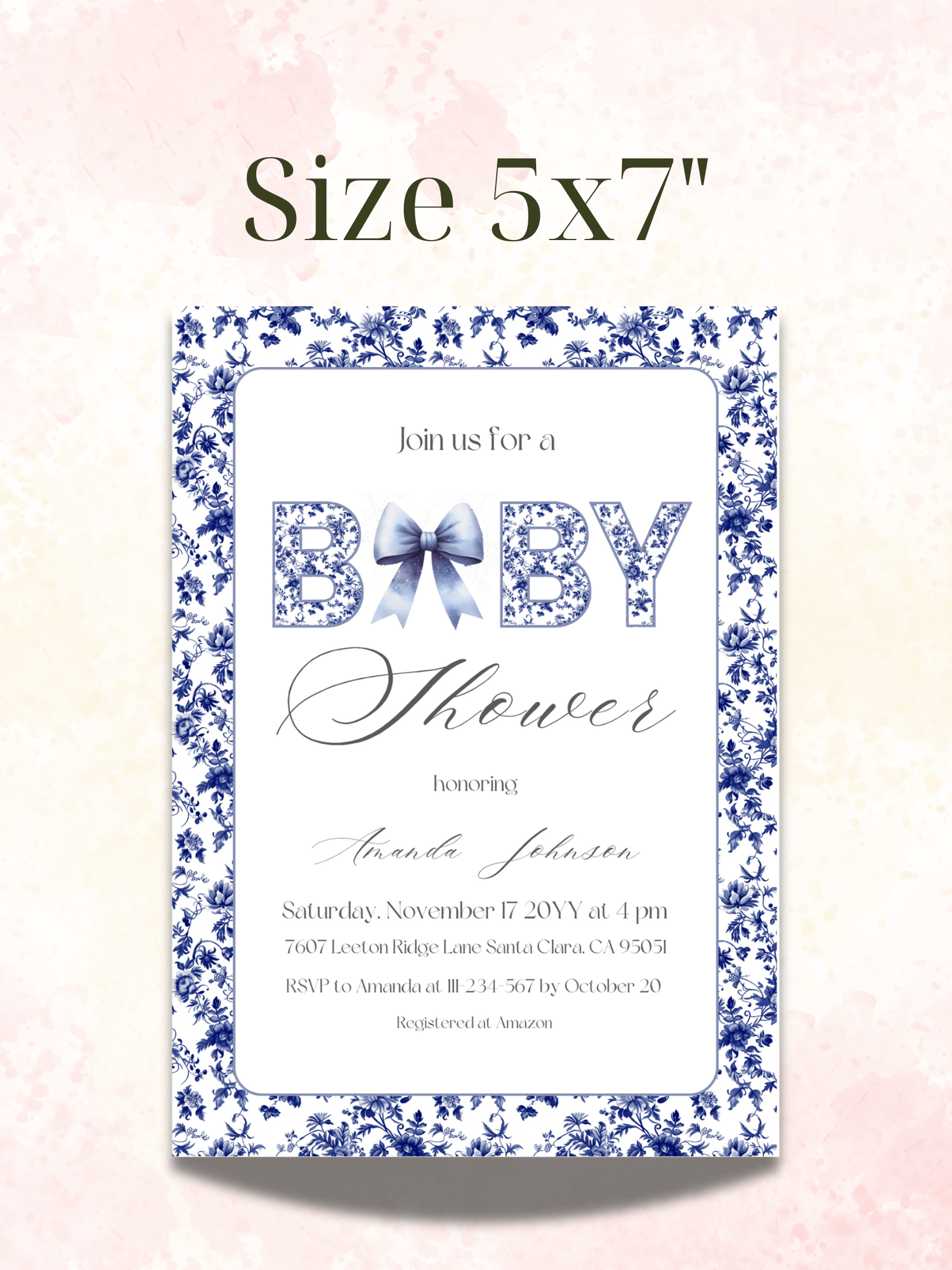Blue Bow and Chinoiserie Baby Shower Invitation, Floral Toile de Jouy Themed Invite Boy Baby Shower Party, Digital Download product image (4)