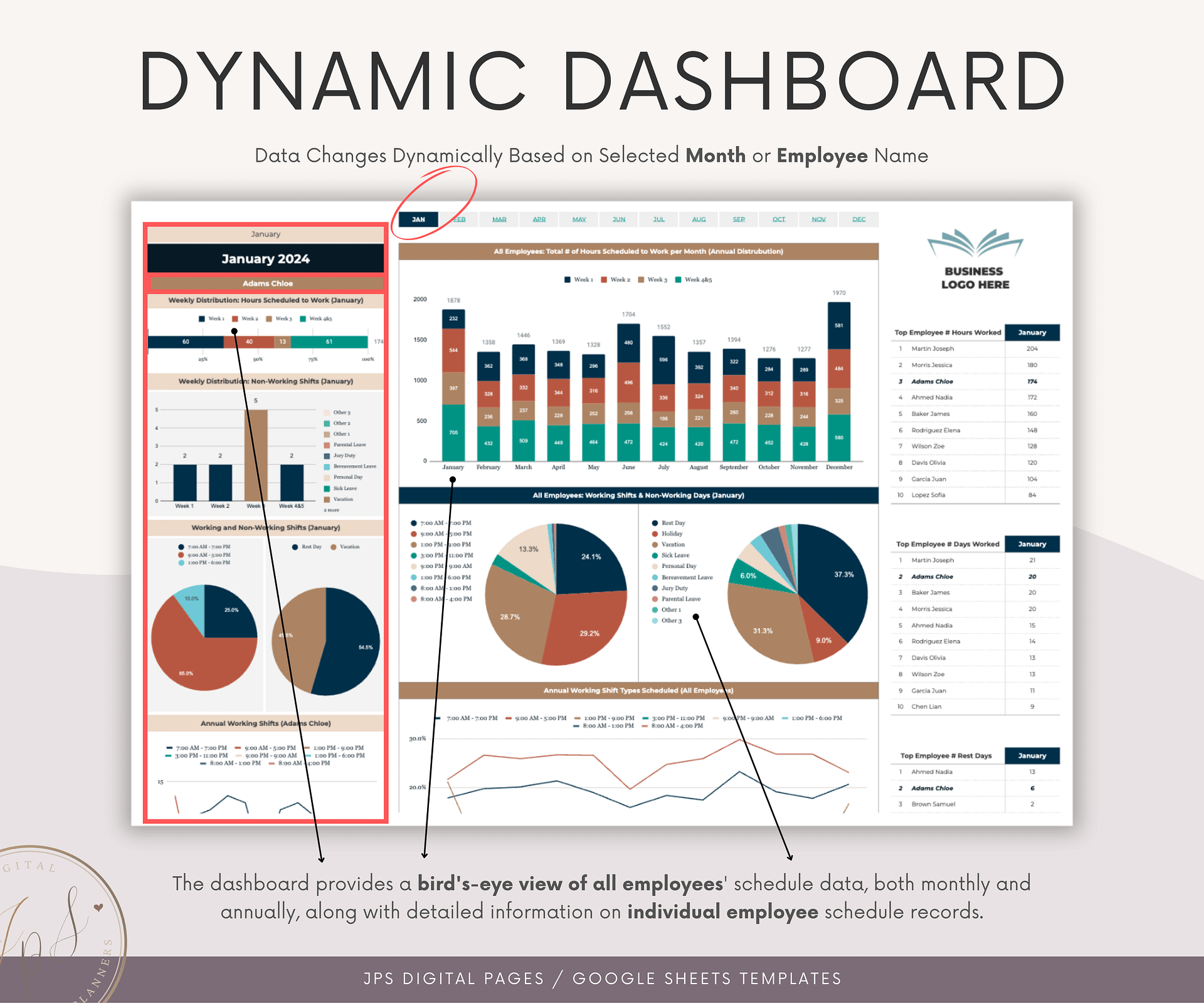 Employee Schedule Template & Dashboard Spreadsheet, Google Sheets Template, Employee Monthly Work Shift Schedule, 2024/2025 Updated Version product image (6)