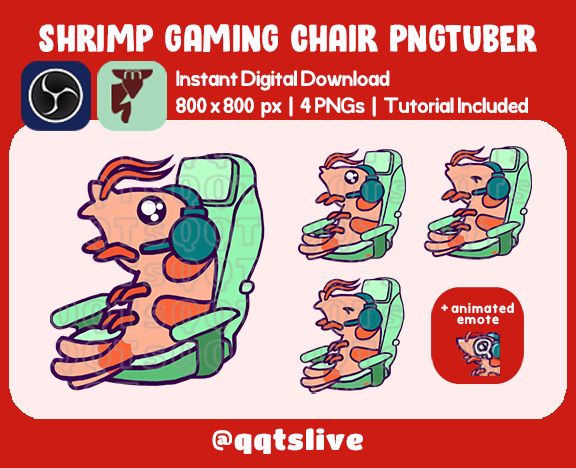 SHRIMP GAMER PNGTuber / Text-To-Speech Stream Pet + FREE Animated Emote - 4 Static PNGs product image (1)