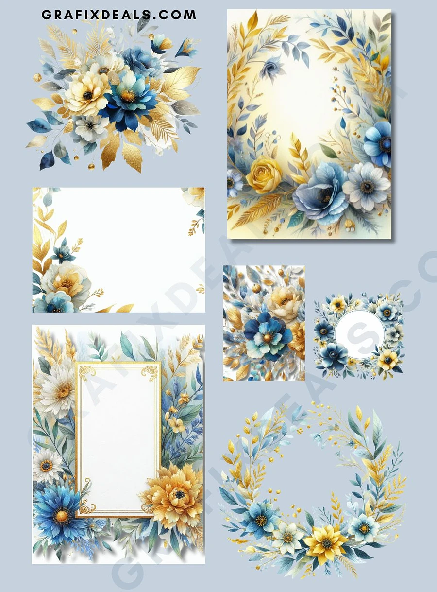 Dusty Blue Yellow Gold Floral Graphics Commercial POD Use + FREE Design Guide product image (2)