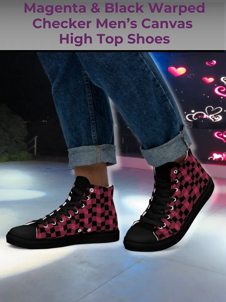 Magenta and Black Warped Checker Men's High Top Canvas Shoes product image (1)