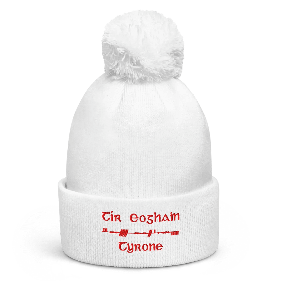 Tyrone/Tír Eoghain Scholastic style Ogham, white with red, embroidered Pom-Pom Beanie product image (1)