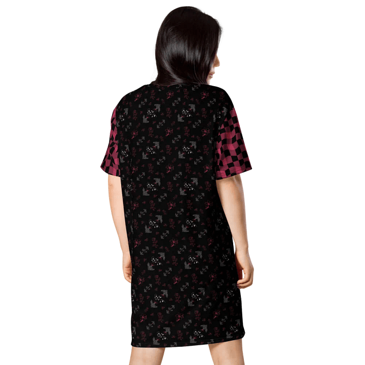 Magenta and White Flowers on Black with Warped Checkered Sleeves Women's T-Shirt Dress product image (2)