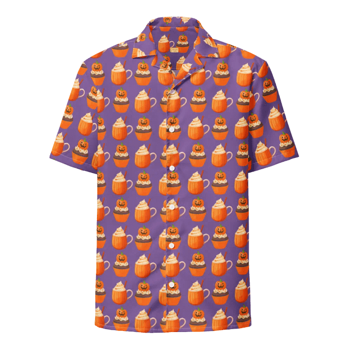 Halloween tea party pumpkin cupcake pumpkin spice latte Unisex Hawaiian Button Shirt product image (1)